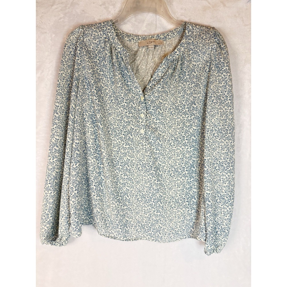 LOFT Petites MP Blue‎ Floral Blouse Cottagecore Long Sleeve Top Peasant